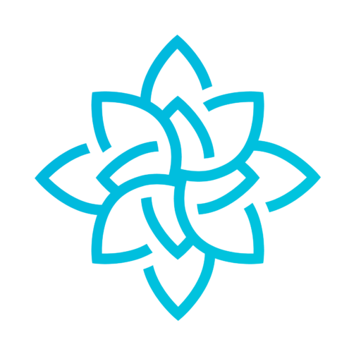 Small light blue interconnected flower, like a lotus; this is the logo of Megan Vogels Counseling