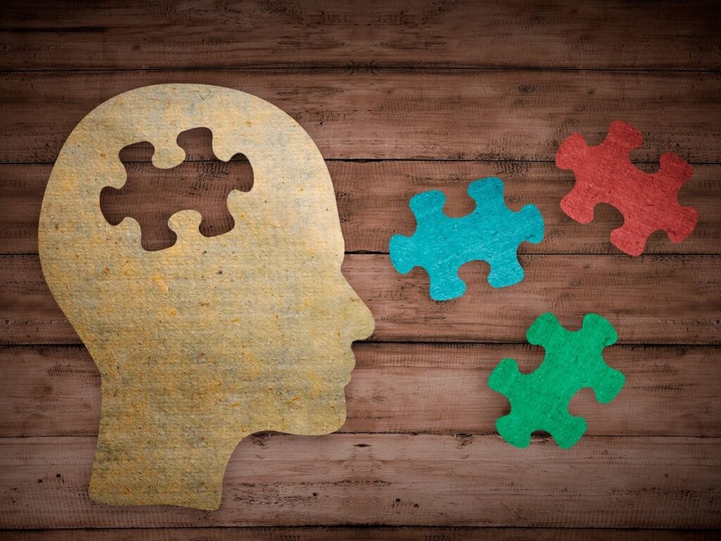 A picture of a wood head with a puzzle piece missing and several colorful pieces nearby; background is wood paneled