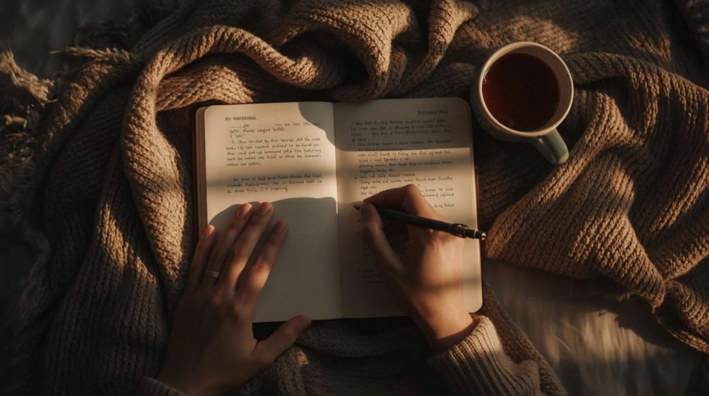 I don't want to talk about it, but I can journal about it; An image of a person's hands writing in a journal