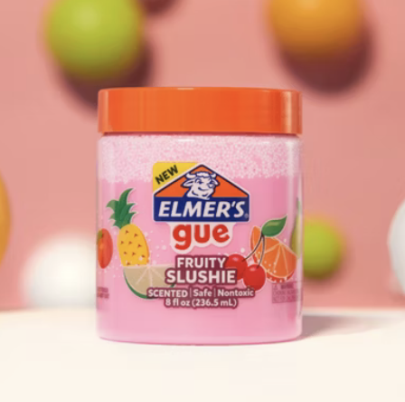 a picture of a pink Elmers Gue slime against a colorful background