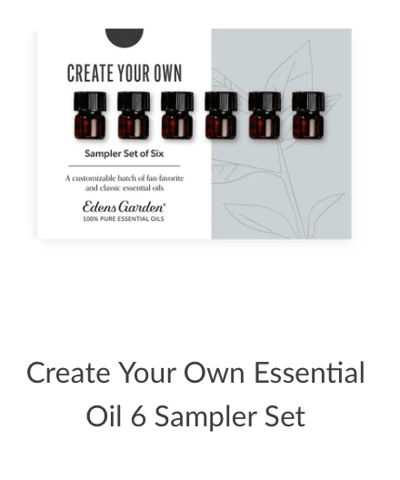 A picture of the Eden Gardens sampler set: a box of 6 small essential oil bottles, a great private practice tool