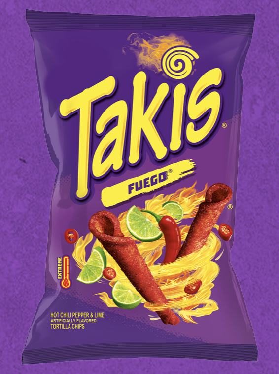 A picutre of Takis Fuego chips, a purple bag with yellow lettering
