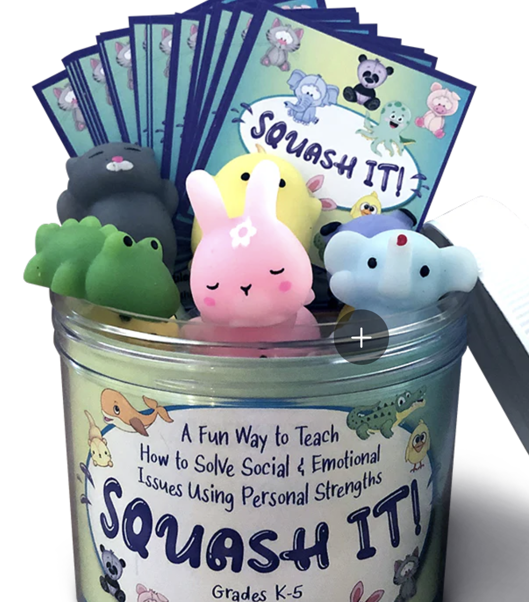 A picture of the game Squash It! with squishy animals and game cards. Easy to add to any private practice office