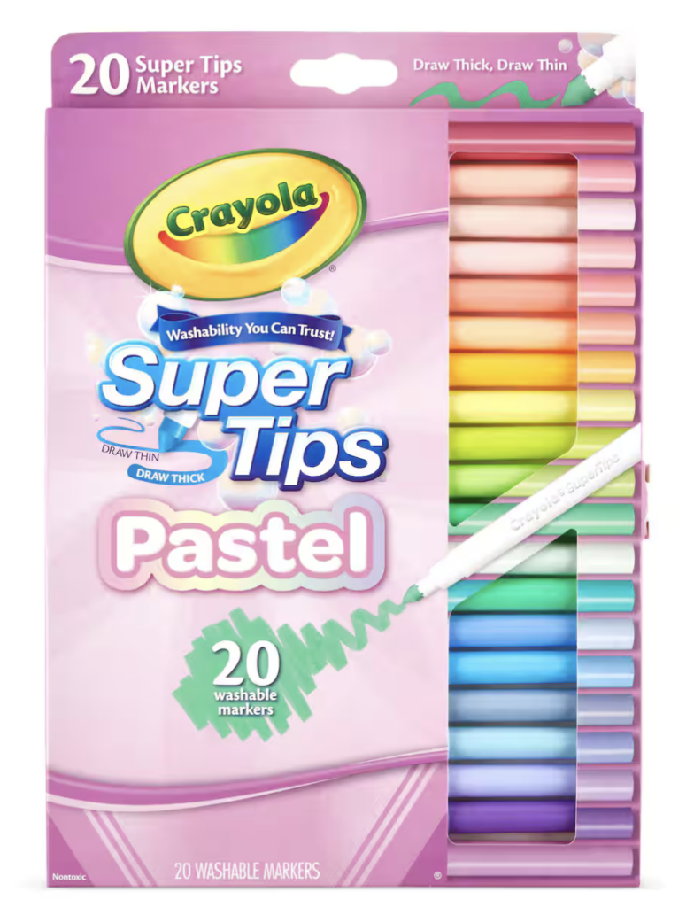 A picture of a box of pastel Crayola Super Tips markers